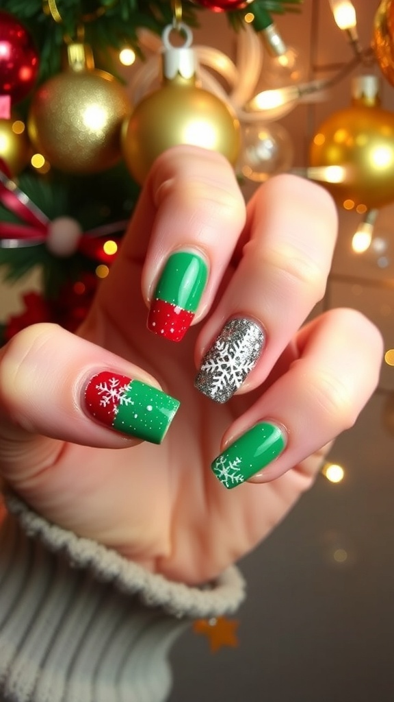 Festive Christmas French Tip Nail Art Designs Festive Christmas French tip nails with red and green tips, decorated with snowflakes and glitter.